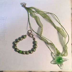 Green and silver pearl bracelet and glass necklace